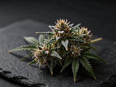 Artistic shot of a delicate, frosty cannabis flower, dramatic side-lighting, dark slate surface, high-end editorial.