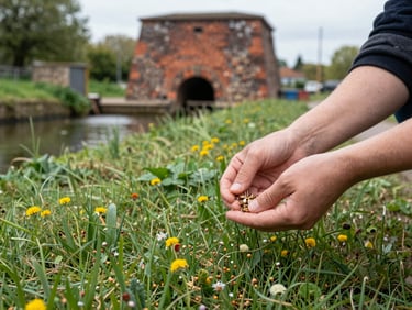 Hands scattering wildflower seeds along a grassy canal path, weathered brick kiln in the soft background, natural documentary style.
