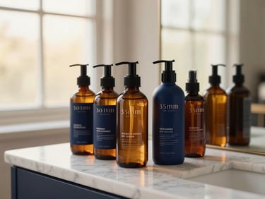 A close-up of premium hair styling products in amber bottles arranged beautifully on a marble counter, soft golden-hour window light, 35mm.