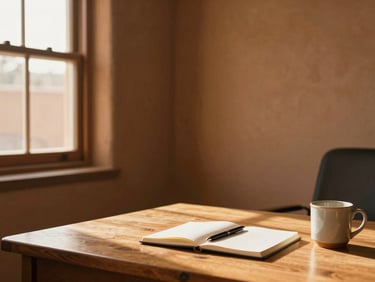 Wide environmental shot of a quiet Santa Fe office workspace — a wooden desk with an open notebook, pen resting beside a ceramic mug, soft golden afternoon light spilling through a deep-set adobe window on the left, warm ochre wall texture visible