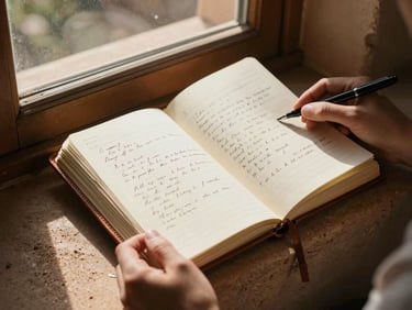 Hands holding a weathered leather notebook open to handwritten notes, resting on an adobe windowsill with warm afternoon light streaming in