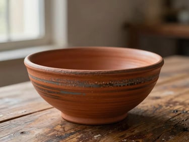 Close-up of handmade Santa Fe pottery bowl with textured terracotta glaze, resting on a worn wooden surface, soft window light from the left