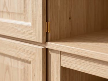 Detailed architectural close-up of a custom-milled white oak cabinetry joint, flawless premium carpentry, warm natural daylight, sharp focus