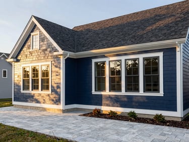 Stunning exterior elevation of a Quincy home, fresh premium siding, pristine architectural shingles, clean masonry walkway, golden hour light