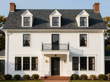 Stately historic home in Quincy with brand new crisp white siding, dark charcoal architectural shingles, flawless trim, golden hour light