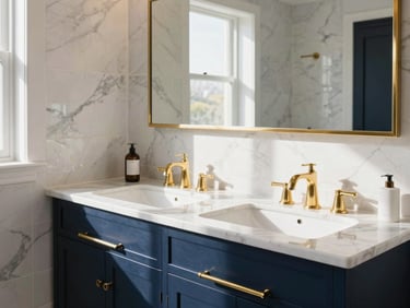 Bright, sunlit luxury bathroom with custom marble tiling, double vanity, and brass fixtures, natural daylight, architectural focus, 35mm lens