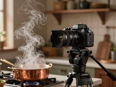 Behind the scenes of content production: a camera on a tripod capturing steam rising from a copper pan in a warm, rustic kitchen.
