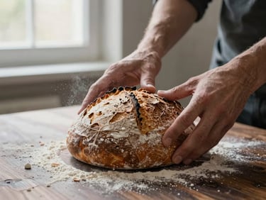 A close-up of hands styling a rustic sourdough loaf on a dark wooden table, soft morning window light, flour dust in the air