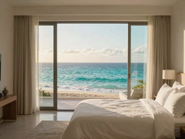Luxurious master bedroom with a large bed, crisp white linens, and floor-to-ceiling windows overlooking the turquoise Caribbean sea, soft morning light, architectural framing, shallow depth of field