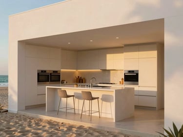 Sleek, fully equipped modern kitchen with integrated appliances, a large island with bar stools, and warm overhead lighting, minimalist design, architectural framing