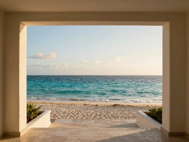 Wide-angle view from a luxury terrace overlooking the turquoise waters of Playa Lagun, Curaçao, during golden hour. Architectural framing, no people.