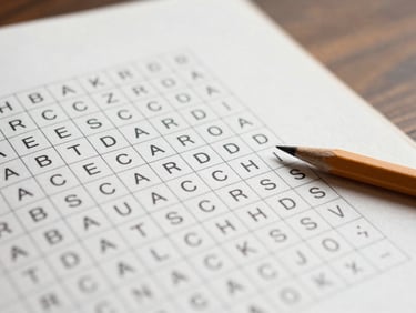 Close-up detail shot of a printed word search puzzle page, clean typography, sharp pencil resting on the spacious margin, soft natural light