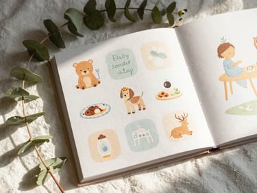 Overhead flat-lay of a baby shower game book page nestled among delicate eucalyptus leaves and soft white linen, warm morning sun