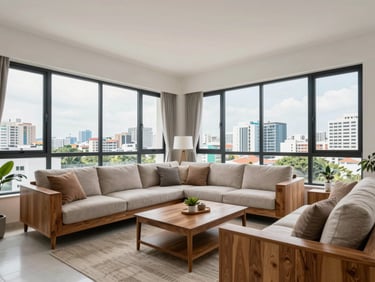 Bright modern living room interior of a mid-rise apartment in Đà Nẵng, large windows with city view, natural daylight, clean white walls and wood-tone furniture, wide environmental framing