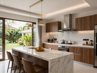 Bright kitchen and dining area of a villa in Ngũ Hành Sơn Đà Nẵng, natural light, marble countertop, open plan layout