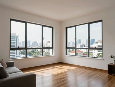 Wide shot of a modern apartment living room in Đà Nẵng, natural daylight through large windows, clean white walls, wooden flooring, city view visible