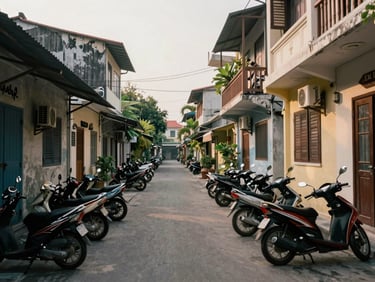 Street-level view of a narrow residential lane in Thanh Khê district Đà Nẵng, low-rise houses, morning light, motorbikes parked outside
