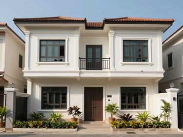 Exterior facade of a three-storey townhouse in Sơn Trà district Đà Nẵng, bright midday light, clean render finish, small front garden