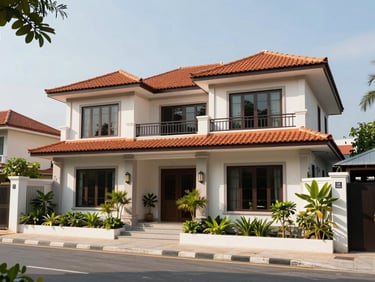 Wide view of a newly built villa exterior in Liên Chiểu district Đà Nẵng, two floors, terracotta roof tiles, front garden with greenery, bright midday sunlight, street-level perspective