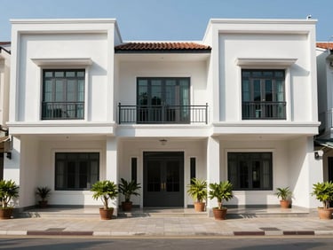 Exterior facade of a 3-storey townhouse in Sơn Trà district Đà Nẵng, bright midday sunlight, clean rendered white walls, small front garden, wide street-level framing