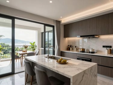 Modern kitchen and open-plan dining area inside a new apartment in Ngũ Hành Sơn Đà Nẵng, bright natural light from balcony door, marble countertop, contemporary fixtures, wide framing