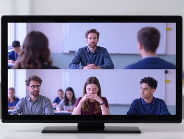 A clean digital interface showing video analysis of classroom interaction, cool blue and soft purple tones, 35mm.