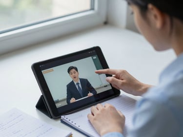 A high-angle shot of a teacher trainee analyzing classroom video on a modern tablet, soft natural window light, notebook with handwritten notes nearby, shallow depth of field.