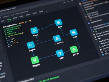 Macro close-up of a high-fidelity dark UI dashboard showing a node-based logic diagram of an AI agent workflow. Connected cyan and green nodes map data from Slack to an internal ERP API, with terminal-style monospace code overlays. Dark ambient lighting, subtle neon glow, sharp geometric lines.