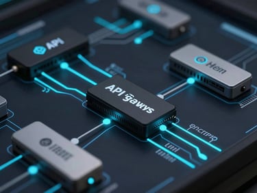 Macro close-up of a node-based logic diagram on a dark screen, showing secure API gateways and encrypted data streams, electric cyan glowing lines, technical schematic framing.