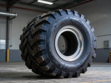 Low-angle heroic shot of a heavy-duty truck tire parked on a clean concrete warehouse floor, dramatic industrial lighting, metallic rims.