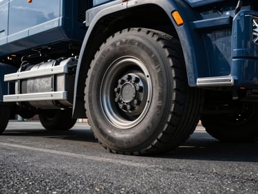 Low-angle shot of a heavy transport truck tire on clean asphalt, dramatic daylight, industrial focus, 35mm lens.
