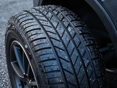 Close-up of a premium passenger car tire tread on wet dark asphalt, water droplets spraying, high-contrast daylight, sharp focus on rubber texture.