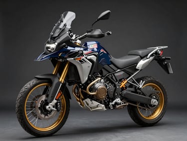 Tight 3/4 rear-angle studio photograph of a premium adventure motorcycle, black and gold finish, hard overhead strobe, neutral dark background, rim detail sharp