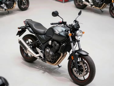 Overhead three-quarter view of a Honda CB 500F on clean white showroom floor, hard strobe lighting, matte black fuel tank with chrome exhaust, no rider, precision framing
