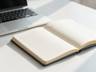 Open notebook with handwritten schedule next to a laptop, soft morning light, professional setup, 35mm