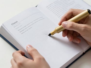 Close-up of hands highlighting a law book with a warm gold marker, bright natural daylight, 35mm