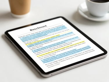 Tablet showing highlighted legal text on a clean desk with a coffee cup, warm gold accents, natural light, 35mm