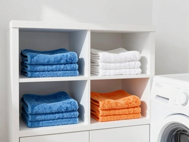Bright sunlit shot of an immaculate, organized laundry and utility room, crisp white cabinetry, neatly stacked microfiber cloths, high-key lighting, 35mm