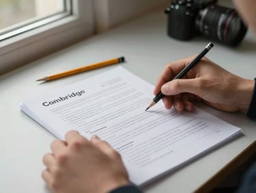 Close-up of hands turning pages of a marked Cambridge exam paper on a pale desk, soft natural window light from the left, a pencil resting at the paper's edge, no faces visible