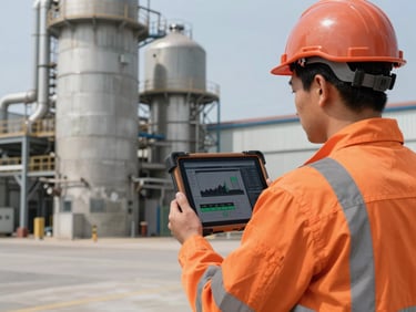 An engineer in high-visibility orange gear holding a rugged tablet displaying data graphs in front of a cement factory, 35mm
