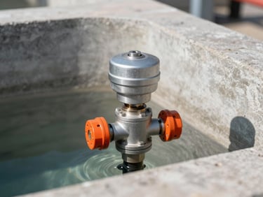 Close-up of an industrial water sensor submerged in a concrete treatment basin, hard natural daylight, sharp focus, 35mm