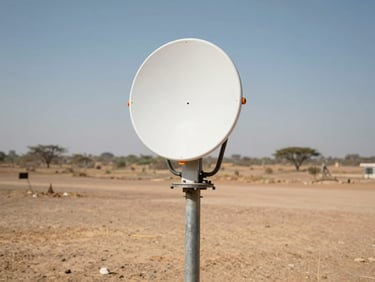 A telemetry antenna mounted on a rugged metal pole in a dusty West African mining site, dry landscape background, harsh daylight, 35mm