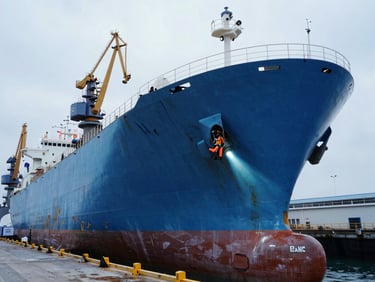 A massive vessel hull in a dry dock, industrial port environment with heavy cranes, bright overcast daylight, cool blue tones, sharp focus, 35mm