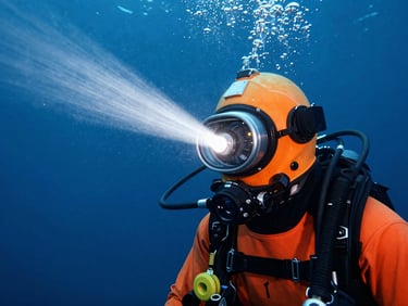 Close-up of a commercial diver's technical helmet with communication wires, underwater artificial light beam, bubbles rising, industrial marine photography, sharp focus, 35mm