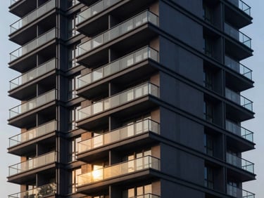 Sleek architectural exterior of a modern luxury apartment building in Chennai, golden hour sunlight reflecting off glass balconies, clean lines, professional real estate photography