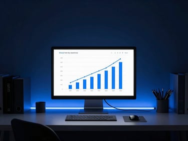 A clean, modern workspace in Chennai with high-contrast studio lighting, blue ambient rim lights, and a sharp screen mockup showing growth metrics.
