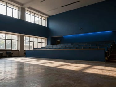 Bright spacious modern university lecture hall in Tamil Nadu, clean architectural lines, warm natural light pouring through large windows