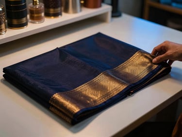 Close-up of premium hand-woven Kanchipuram silk textiles being carefully folded and packaged in a clean, modern design studio, warm dramatic lighting