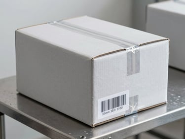 Close-up of a perfectly sealed shipping box with clear barcode labeling on a metal packing table, neutral studio lighting.
