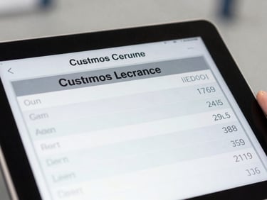 Close-up of a digital tracking interface showing customs clearance data on a tablet screen, clean industrial setting.